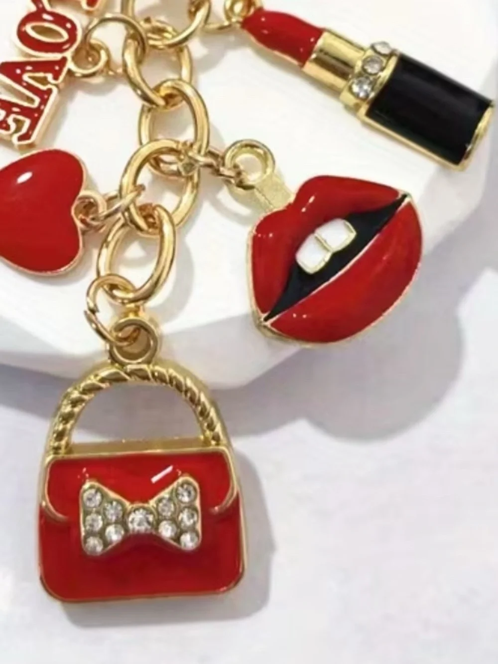 Cute Red Lipstick & Purse Charm Daniel Drop Keychain